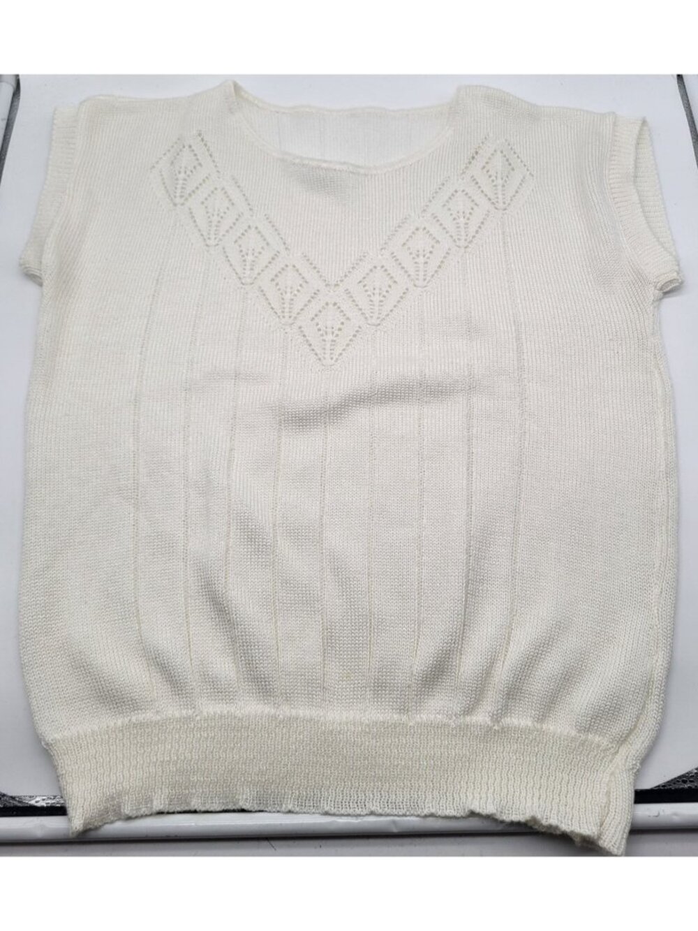 Vintage Women's Large Boho Retro Off White Sweater Acrylic Made in USA Openwork - Picture 6 of 7